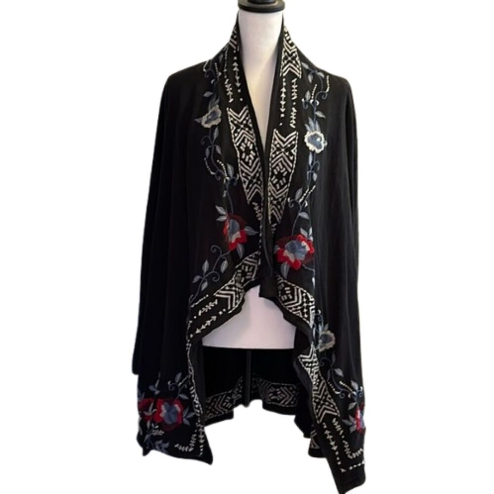 Black Embroidered Open-Front Cardigan Sweater